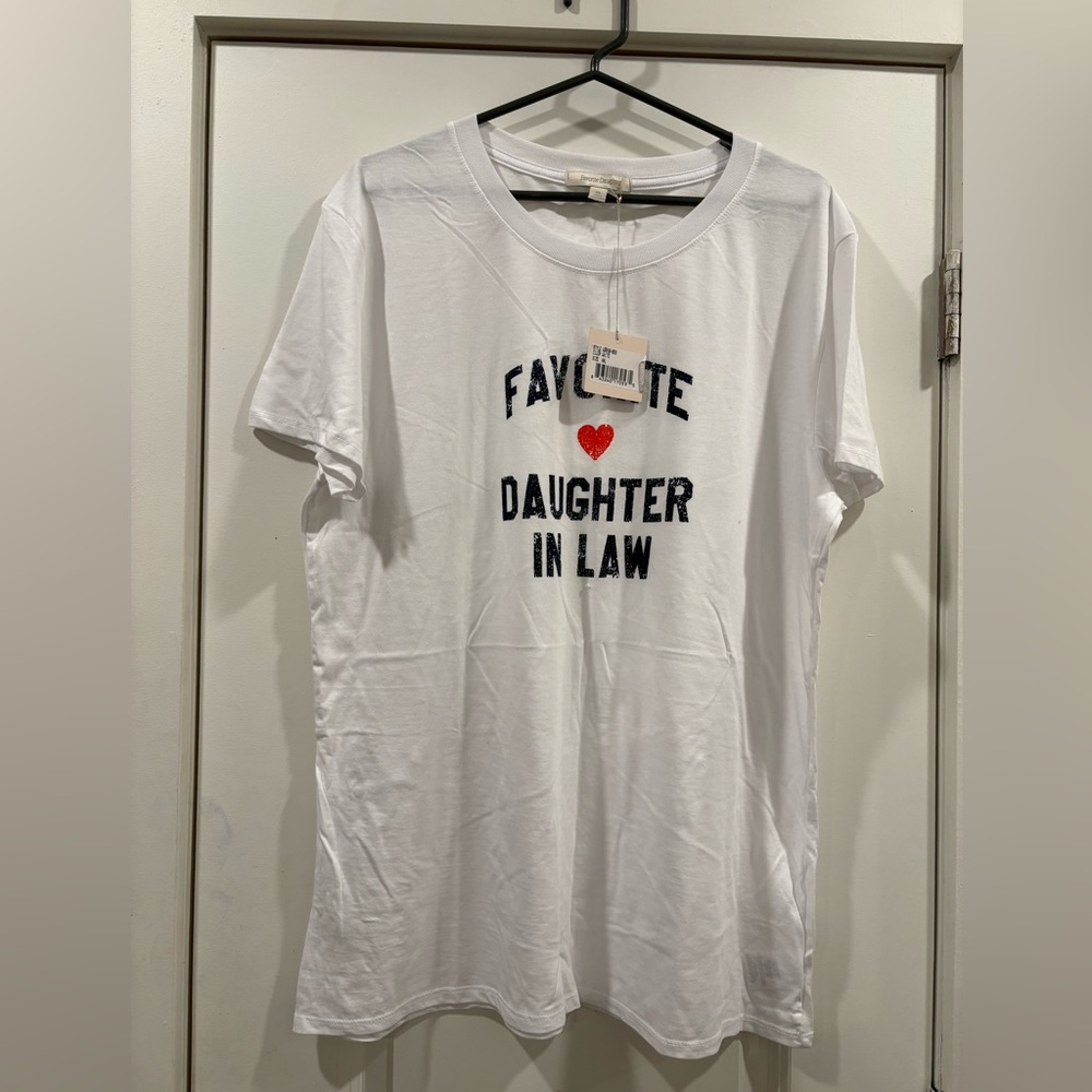 Favorite Daughter White Tee with Navy Text and Red Heart